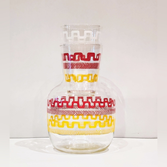 Vtg Libby Carafe/ tumbler. Aztec & retro design with matching drinking glass. - Picture 2 of 8